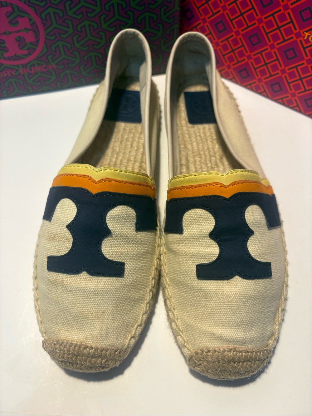 Tory Burch Cream Canvas Espadrilles with Navy Logo & Yellow-Orange Trim